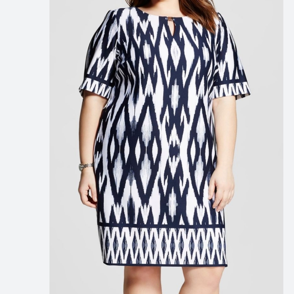 Sandra Darren Navy‎ & White Ikat Pattern Midi Dress, Career, Stretchy 14W
